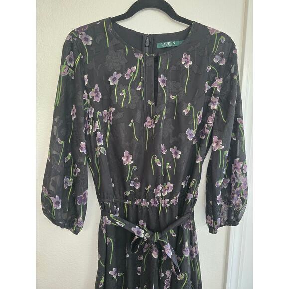 Ralph Lauren Embroidered Floral Chiffon Midi Dress Black Purple Size 4 Lined - Picture 3 of 14